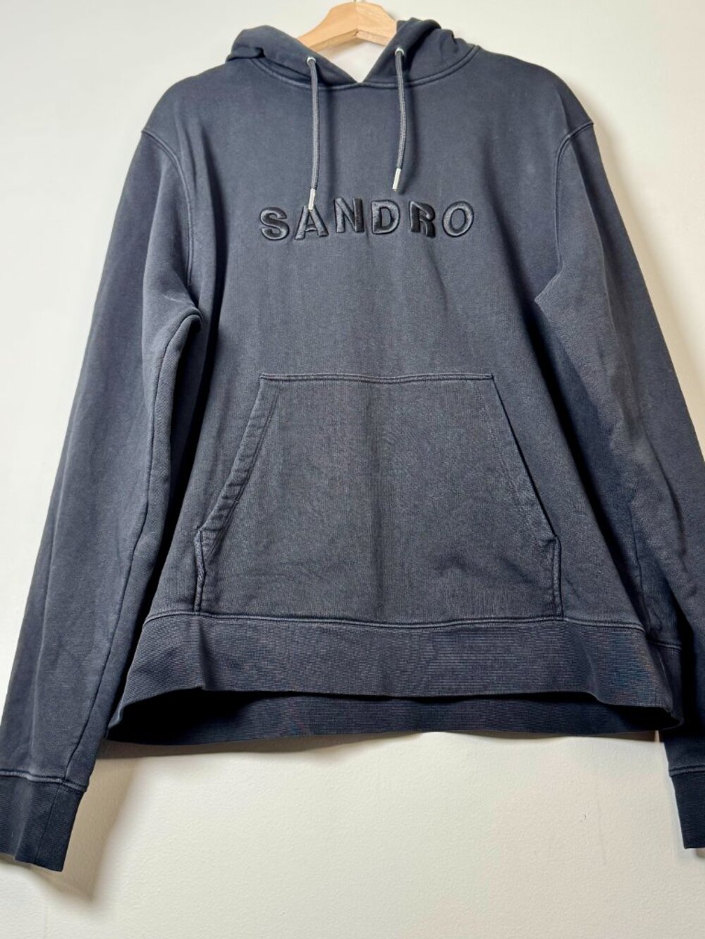 SANDRO Paris Men’s Black Tonal Embroidered Logo Hoodie Sz XXL